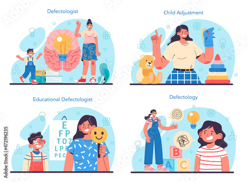 Defectologist concept set. Psychologist or educator working with special