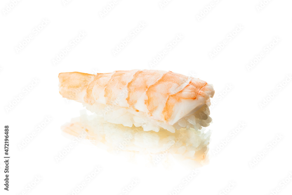 Japanese Ebi nigiri sushi with rice and black tiger shrimp on top. Asian traditional cuisine. Seafood dish isolated on white background with reflection.
Japanese Ebi nigiri sushi with rice and black tiger shrimp on top. Asian traditional cuisine. Seafood dish isolated on white background with reflection.