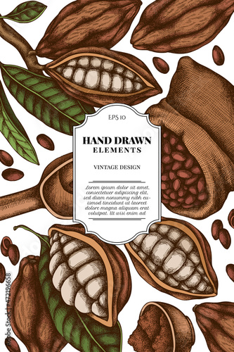 Card design with colored cocoa beans, cocoa