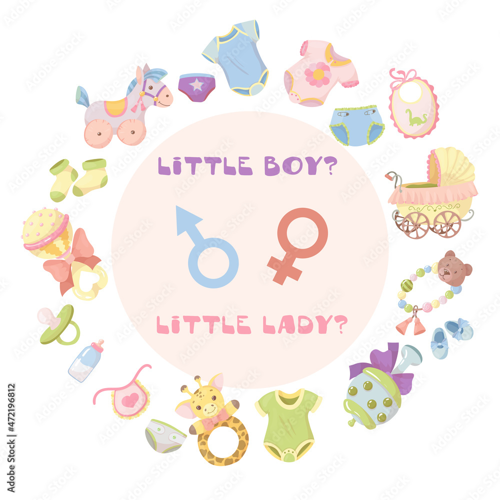 Gender reveal party invitation template. Boy or girl? Baby shower clipart. Blue and pink colors. Gender reveal. Vector illustration Isolated on white background Gender reveal party invitation template. Boy or girl? Baby shower clipart. Blue and pink colors. Gender reveal. Vector illustration Isolated on white background
