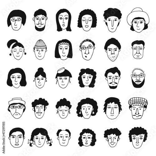 Set of people faces. Doodle style. Hand drawn vector illustration. Isolated portraits of men and women in black and white color. Cartoon character. Line Art.