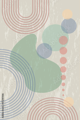 Abstract grunge poster with geometric shapes and lines. Rainbow print and sun circle, boho style. Modern minimalist print in pastel colors. Concept of balance, harmony and equilibrium. Vector