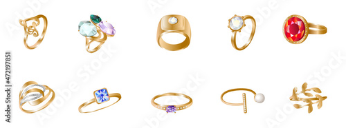 Set of realistic golden rings. Jewelry with precious stones.