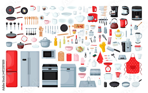 Collection of kitchen utensils in a detailed modern style. Tableware and household appliances.