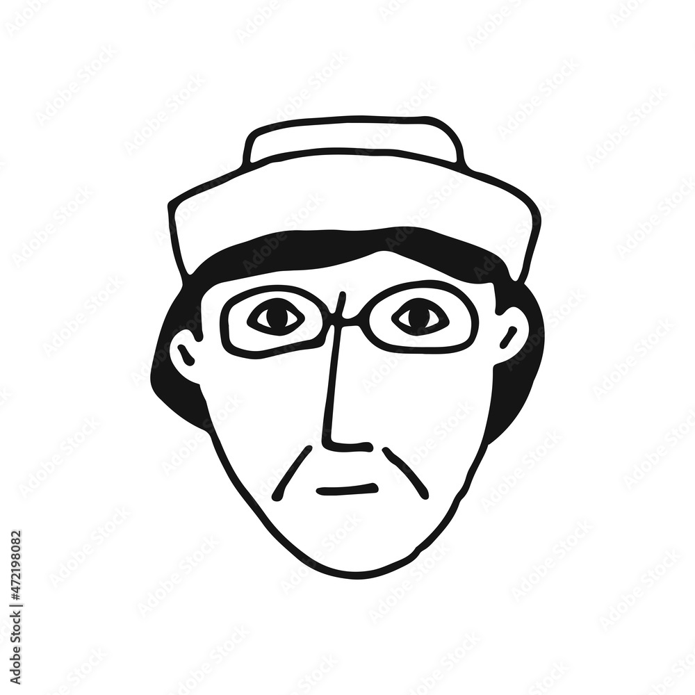 Portrait of a male face in a hat with glasses. Doodle style. Hand drawn vector illustration. Isolated portrait of man in black and white color. Cartoon character. Line Art. Portrait of a male face in a hat with glasses. Doodle style. Hand drawn vector illustration. Isolated portrait of man in black and white color. Cartoon character. Line Art.