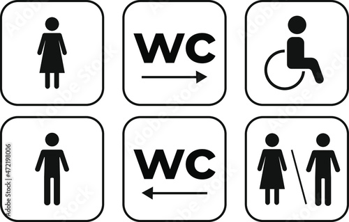 WC sign icon in square. Set Washroom vector sign. Toilet and restroom symbol. Male, female symbol for door. Black silhouette of man and woman. Pictogram WC in frame.Toilet door wall plate.