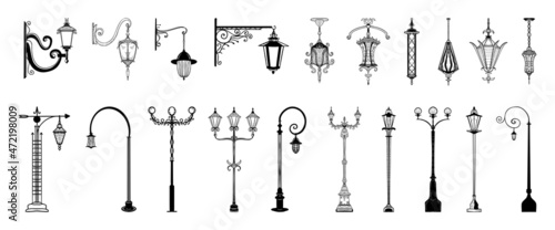 Collection of monochrome lanterns in sketch style. Hand drawings in art ink style. Black and white graphics.