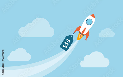 Inflation skyrocketing concept. Price rising up, rocketship tied with product photo