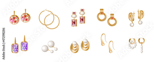 Set of realistic golden earrings. Jewelry with precious stones.