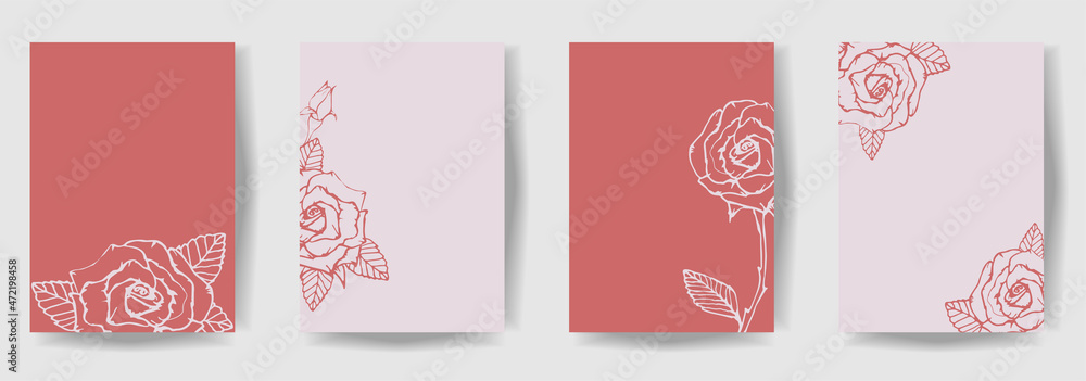 Hand drawn rose and leaves set. Wedding floral background card. Engraved ink art. Copy space for you text.