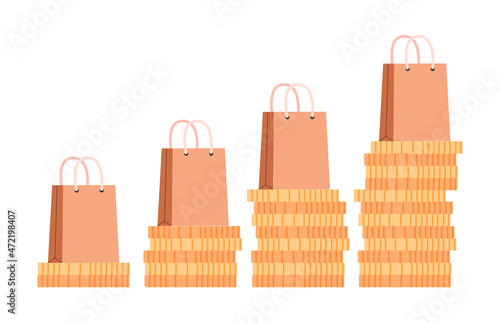 Inflation concept. Rising stacks of coins with shopping bag. Money value