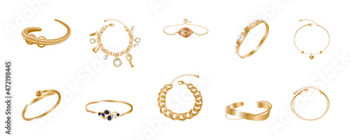 Set of realistic golden rings. Jewelry with precious stones.