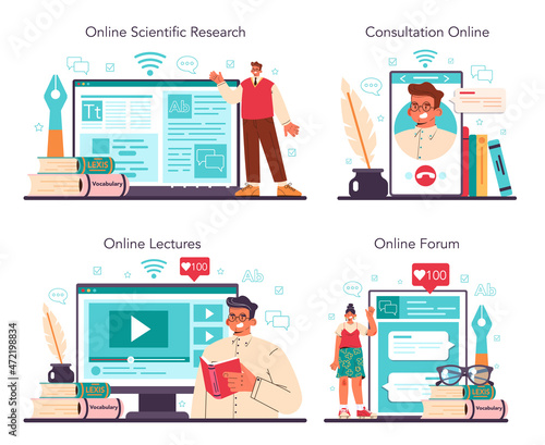 Linguistic online service or platform set. Scientific study of language