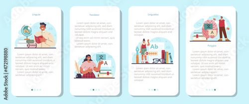 Linguistic mobile application banner set. Scientific study of language