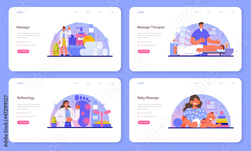 Masseur web banner or landing page set. Massage back treatment