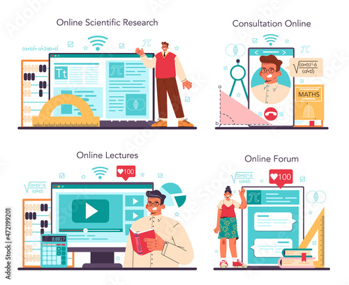 Mathematician online service or platform set. Mathematician use