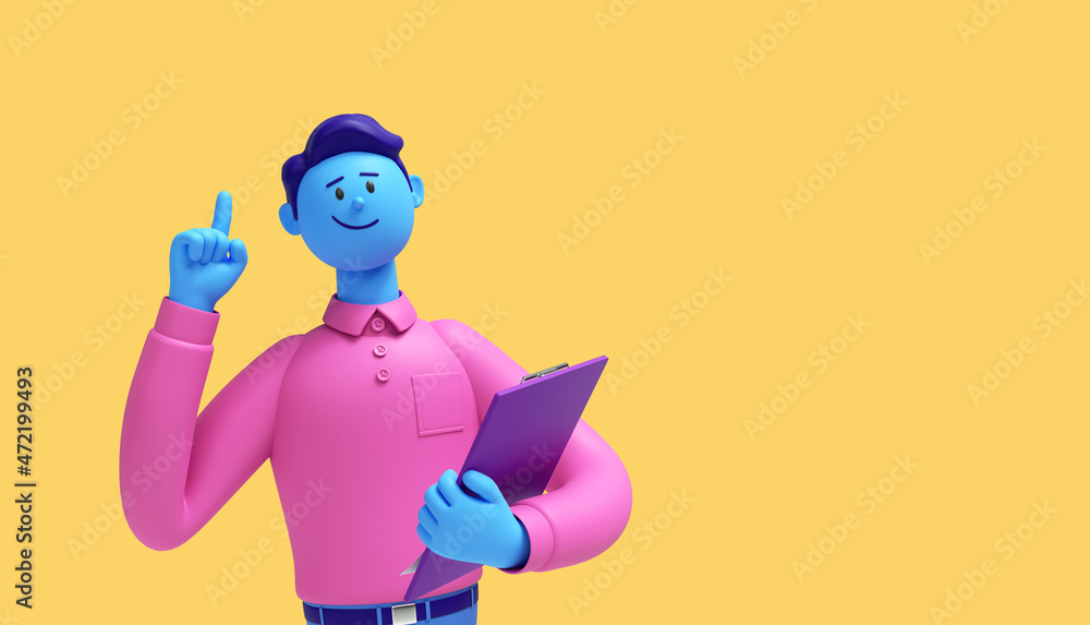 3d render. Cartoon character guy with blue skin wears pink shirt isolated on yellow background. Holds purple clipboard and shows index finger up. Business idea or recommendation concept