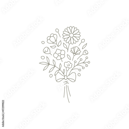Decorative simple nature flower bouquet with chamomile, stem leaves logo design vector illustration