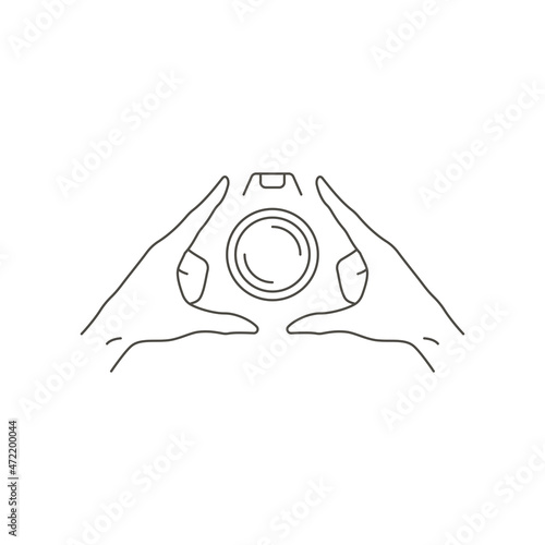 Monochrome logo human hands frame with photo video camera course school studio vector illustration