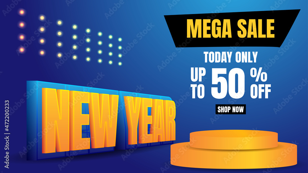 3d sale banner special new year in blue and orange color with realistic podium