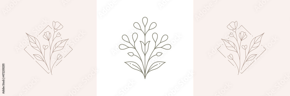 Monochrome line art floral emblem at rhombus frame hand drawn decorative design wedding card set