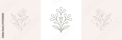 Monochrome line art floral emblem at rhombus frame hand drawn decorative design wedding card set