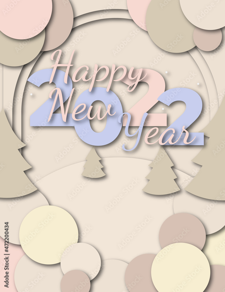 Happy New Year 2022 greeting card. Paper cutout effect.