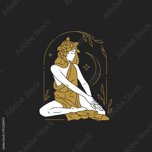 Hand drawn line art esoteric antique woman in underwear wearing blossom flower head outline logo