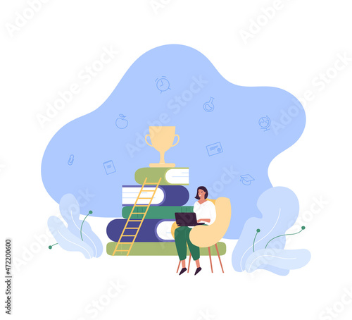 Education concept. Vector flat people illustration. Smiling woman sitting with laptop with pile of book and ladder of success symbol on background. Design for online school, training course.