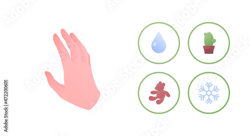 Human sense and perception concept. Vector flat icon illustration. Palm  soft toy  liquid  snow and cactus touch symbol isolated on white background.