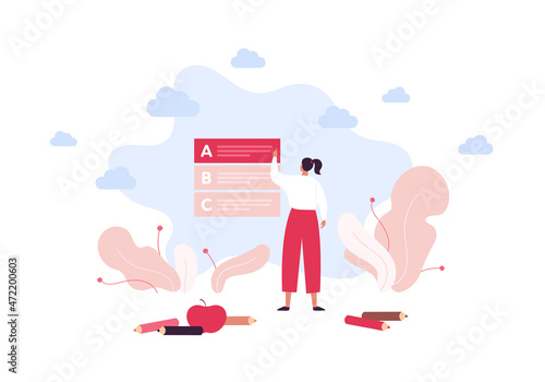 Education and exam concept. Vector flat people illustration. Woman choice answer in quiz. Test checklist, apple and pencil symbol isolated on sky background. Design for online course, university