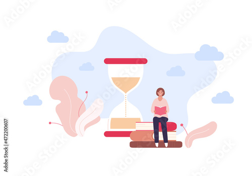 Education concept. Vector flat people illustration. Smiling woman sit on pile of book and read with hourglass on sky background isolated on white. Design for online school, training course.