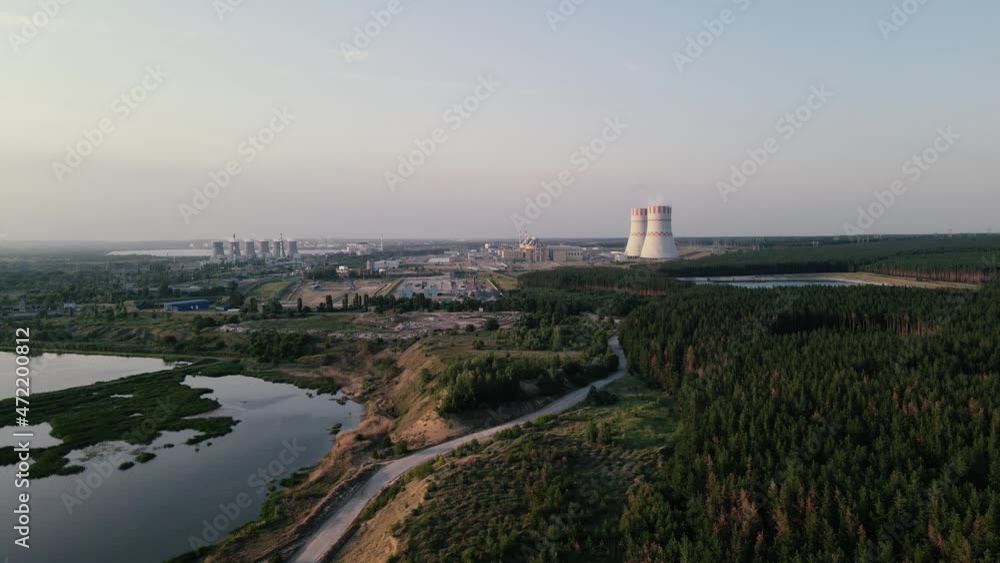 nuclear power plant with adjacent water reservoirs. aerial shooting nuclear power plant with adjacent water reservoirs. aerial shooting