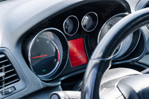 Speed background. Car dashboard panel with speedometer, tachometer. Fast vehicle, no limit concept. © Maksym