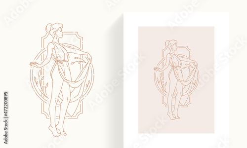 Line art woman antique goddess posing in Greek dress at abstract botanical frame minimalist icon photo