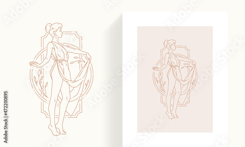 Line art woman antique goddess posing in Greek dress at abstract botanical frame minimalist icon