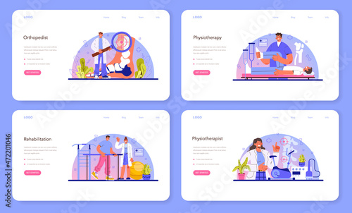 Physiotherapy web banner or landing page set. Doctor helping patients