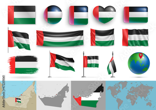United Arab Emirates flags and geographic map set. UAE realistic flags, glossy buttons in patriotic colors, highly detailed map and globe with identification pin vector illustration