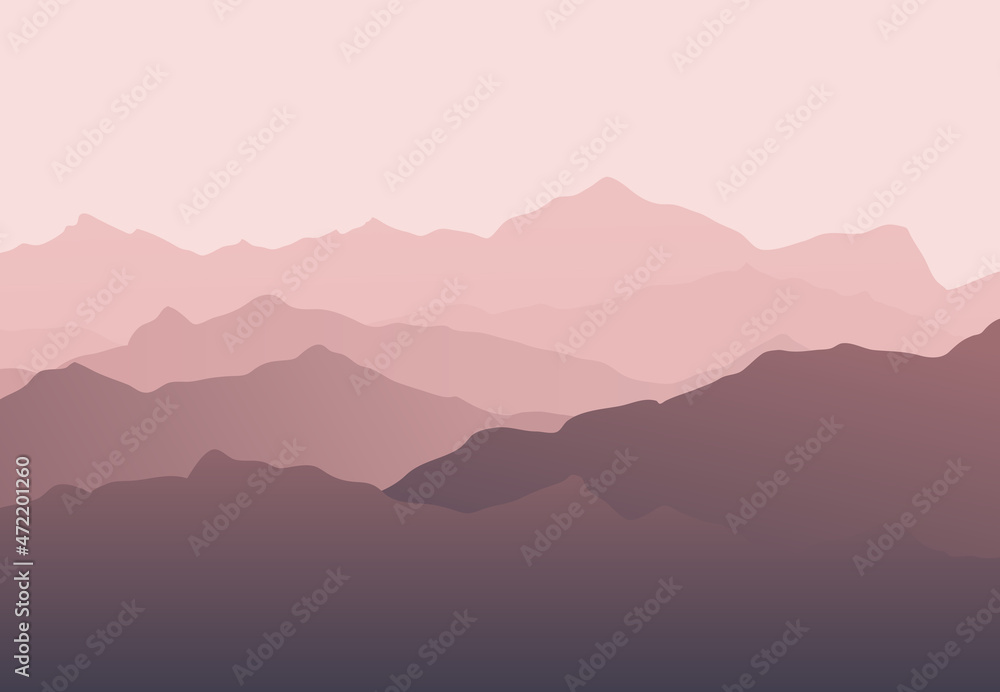 Beautiful pink mountain silhouette landscape with fog and sunrise and sunset in mountains background. Outdoor and hiking concept. Vector. Good for wallpaper, site banner, cover, poster.