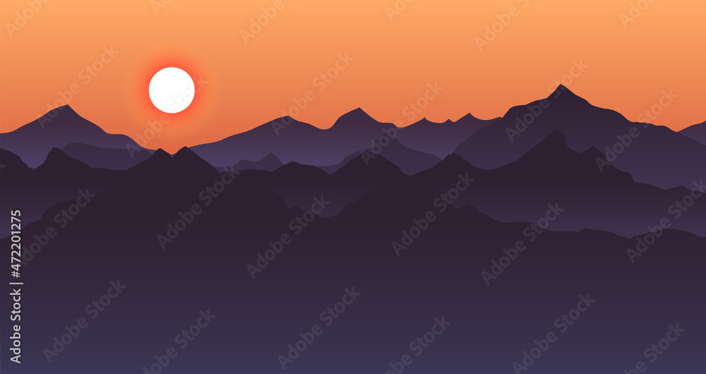 Beautiful blue mountain landscape with sunrise and sunset in mountains background. Dark, night time. Outdoor and hiking concept. Sun in the sky. Vector. Good for wallpaper, site banner, cover, poster.