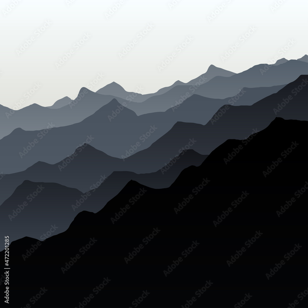 Beautiful black mountain landscape silhouette with fog and sunrise and sunset in mountains background. Outdoor and hiking concept. Vector. Good for wallpaper, site banner, cover, poster.