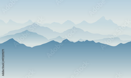 Fototapeta Naklejka Na Ścianę i Meble -  Beautiful blue mountain silhouette landscape with fog and sunrise and sunset in mountains background. Outdoor and hiking concept. Vector. Good for wallpaper, site banner, cover, poster.