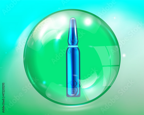A blue ampoule in a green glass ball. Design template of perfumes, eco-oils, medicines.