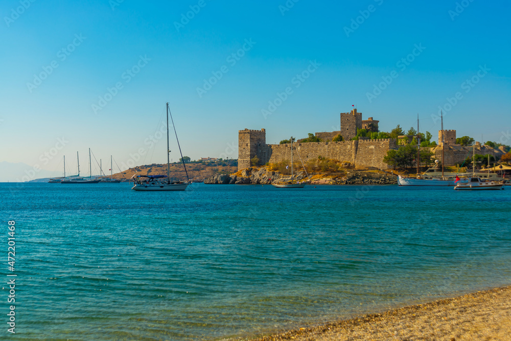 BODRUM, TURKEY: Landscape with a view of the ancient Fortress in Bodrum on a sunny day