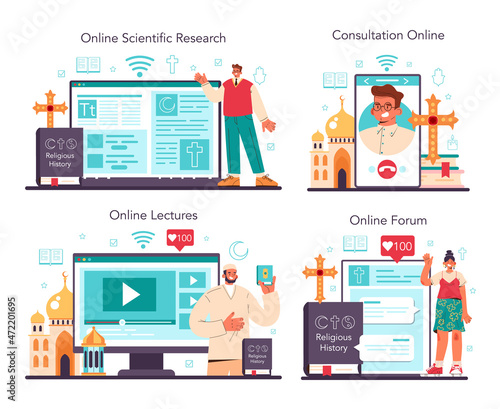 History of a religion online service or platform set. Scientist study human