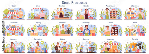 Commercial activities and processes set. Entrepreneur opening a store, setting