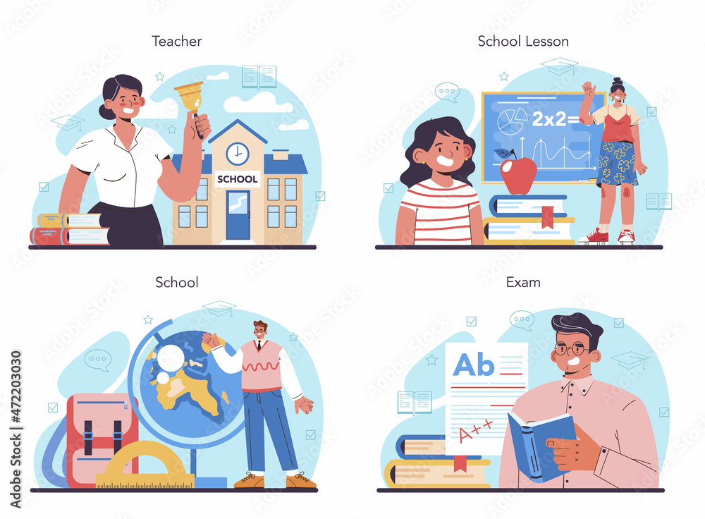 Teacher concept set. Professor giving a lesson in a classroom. School worker