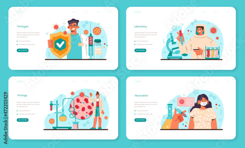 Virologist web banner or landing page set. Scientist studies viruses