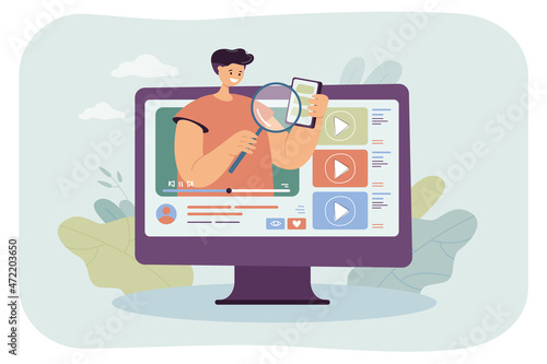 Blogger doing video review for people watching his tech vlog. Cartoon male character advertising new smartphone on his channel flat vector illustration. Online promotion, modern technology concept