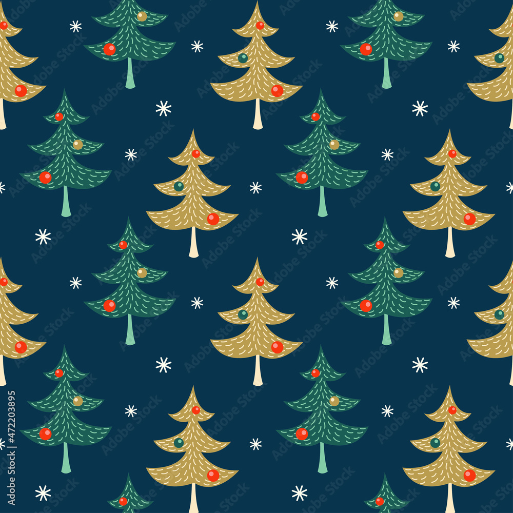 Fototapeta premium Seamless pattern with Christmas tree and snowflakes on a dark background in cartoon style.